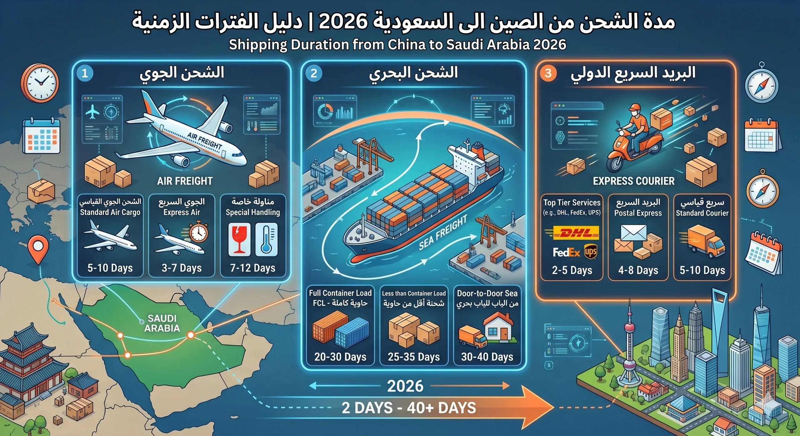 ركائز ضبط مدة الشحن من الصين الى السعودية بدقة