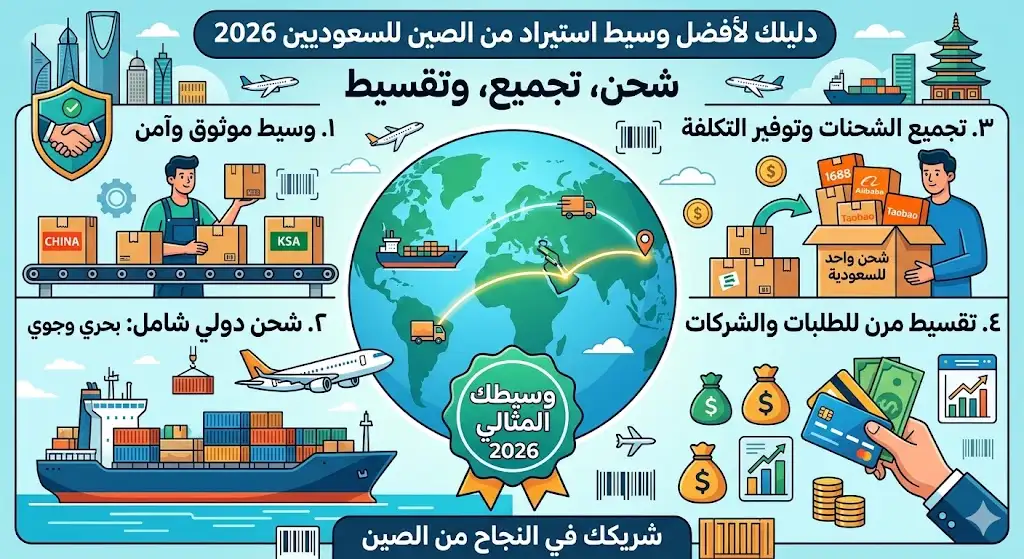 أفضل وسيط استيراد من الصين للسعوديين: شحن، تجميع، وتقسيط 2026