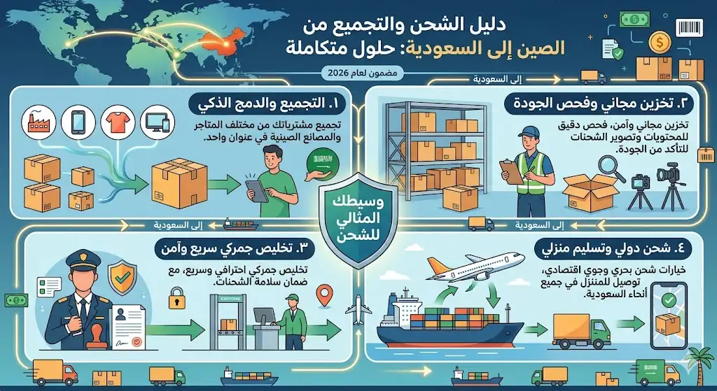 أفضل وسيط شحن من الصين للسعودية 2026 | تخليص جمركي وآمن