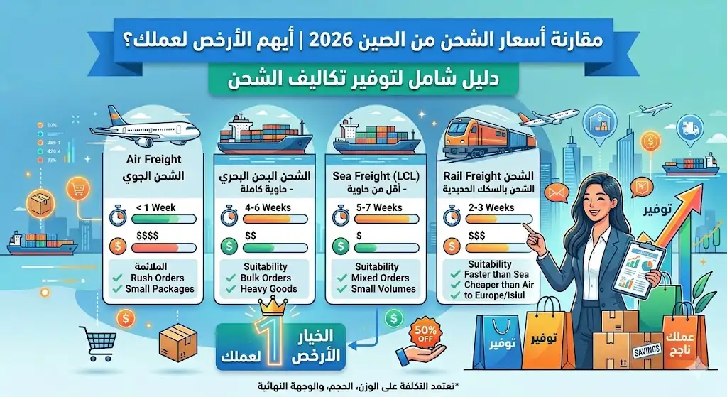 مقارنة أسعار الشحن من الصين 2026 | أيهم الأرخص لعملك؟