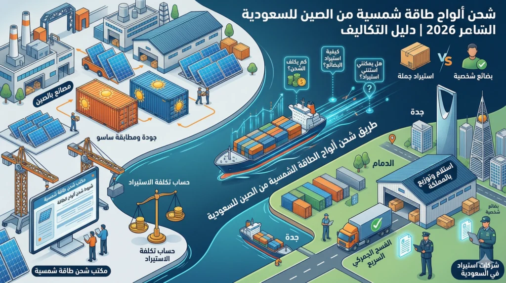 شحن ألواح طاقة شمسية من الصين للسعودية 2026